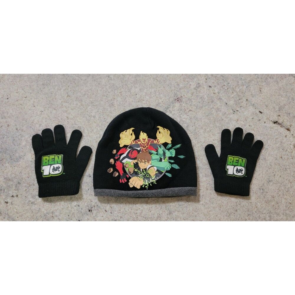 Kids Black Ben 10 Cartoon Beanie and Gloves Set